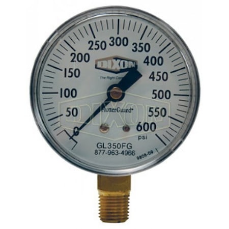 Dixon FlutterGuard Dry Gauge, 0 to 30 psi, 1/4 in Connection, 2-1/2 in Dial, +/- 3-2-3 % GL320FG